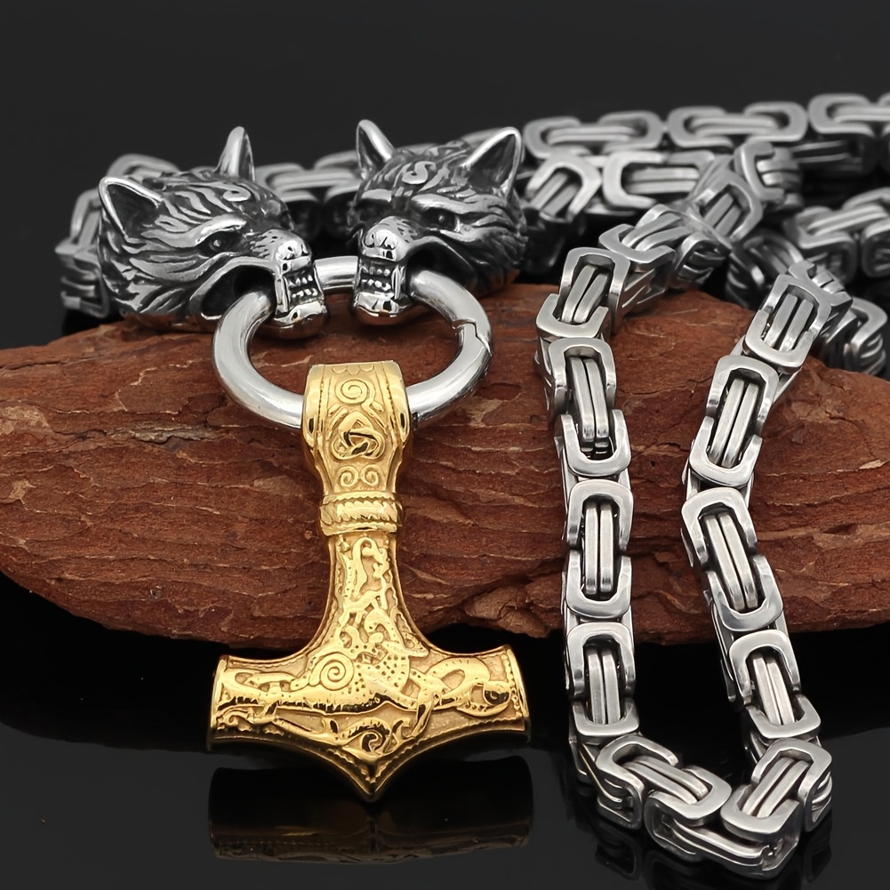 Men's Stainless Steel Wolf Head Pendant Viking Amulet Necklace